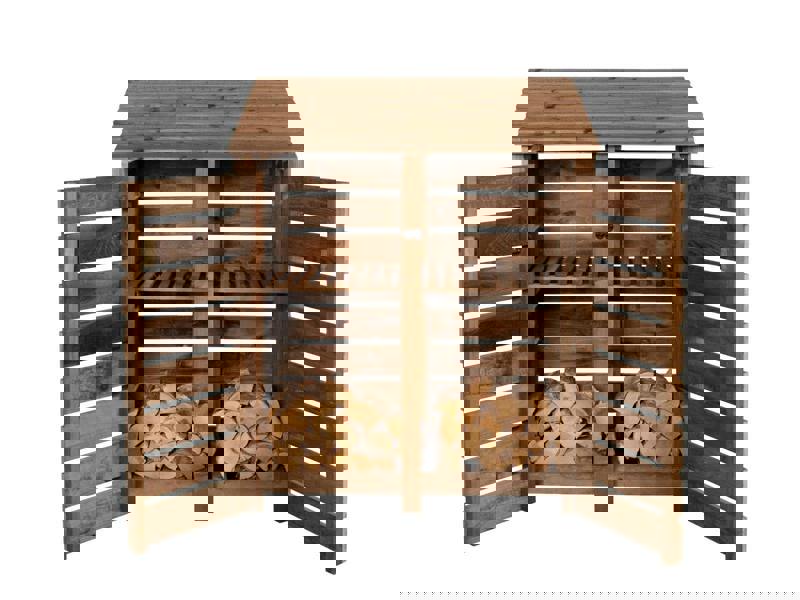 Arbor Garden Solutions Slatted Wooden Log Store with Door and Shelf W-146cm, H-126cm or 180cm, D-88cm - Brown Finish