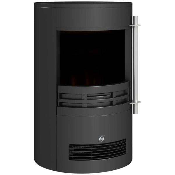 Black freestanding electric fireplace heater with glass front and chrome side handles