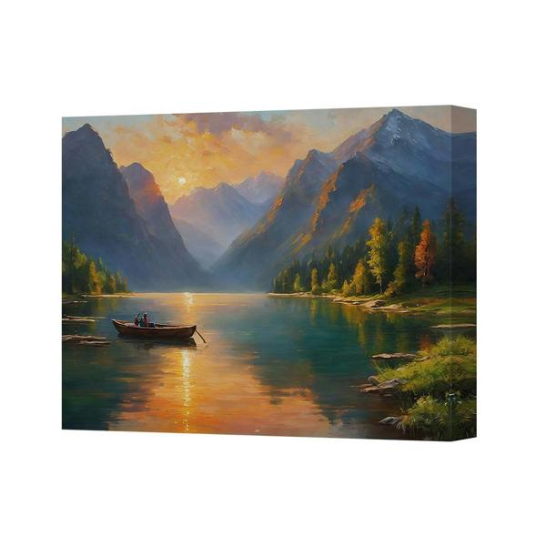 Benjamin Tate Design Canvas Wall Art Landscape Painting Mountain Lake Sunset With Boat