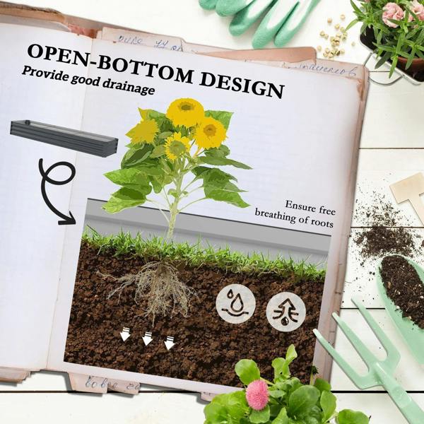 Dark grey galvanized steel planter box with open-bottom design, soil and leafy plants