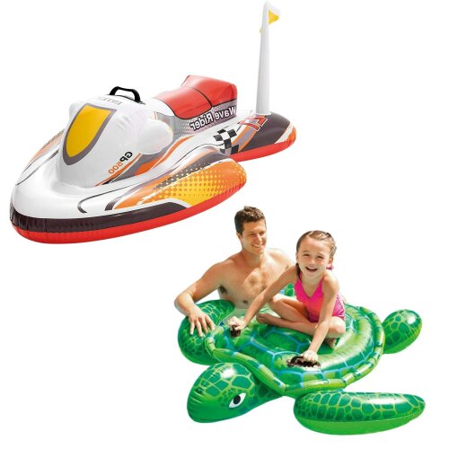 INTEX Inflatable Swim Pool Floats & Swimming Ride-On Kids Water Beach Toys Set - Wave Rider And Lil' Sea Turtle Ride-On