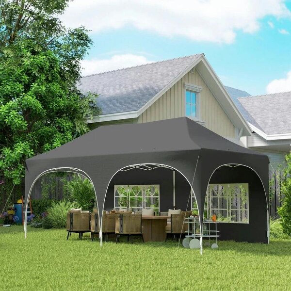 3 x 6m Pop Up Gazebo Shelter with Sides, 6 Sandbags, Peak Top Garden Party Tent Marquee with Carry Bag, Dark Grey - Dark Grey