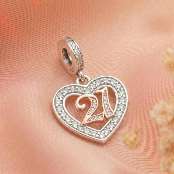 Parus Home 21st Birthday Charm Pandora Compatible 925 Sterling Silver Dangle, Heart Gift for Daughter Bracelet