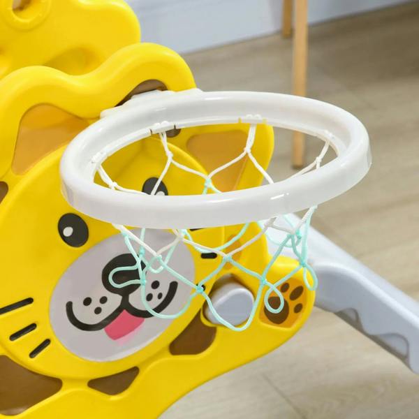 Lion-shaped yellow basketball hoop with white rim and net on kids slide