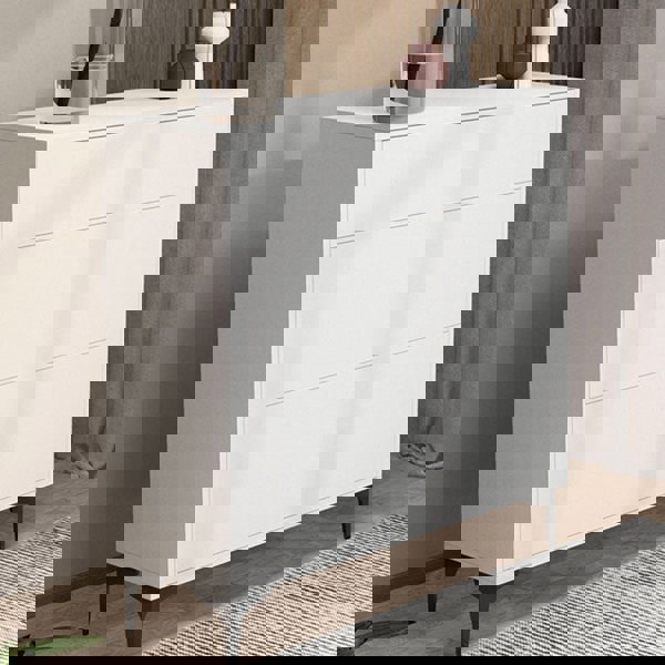 Detail view of Cethy Wood Shoe Storage, White with shoe storage for narrow hallways