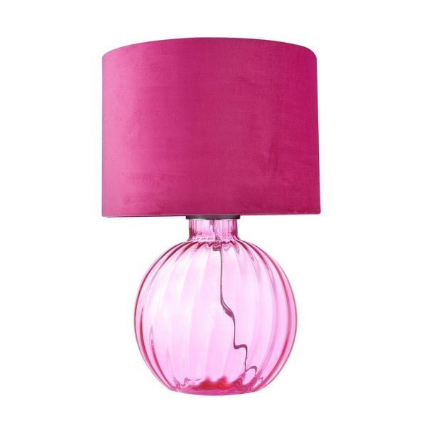 Contemporary Light Pink Ribbed Glass Table Lamp with Soft Velvet Fabric Shade Image 1