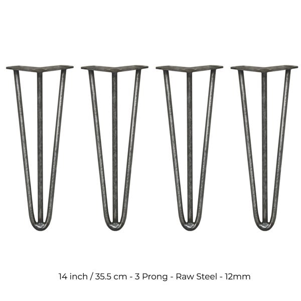 SkiSki 4 x 14" Hairpin Legs - 3 Prong - 12mm - Raw Steel