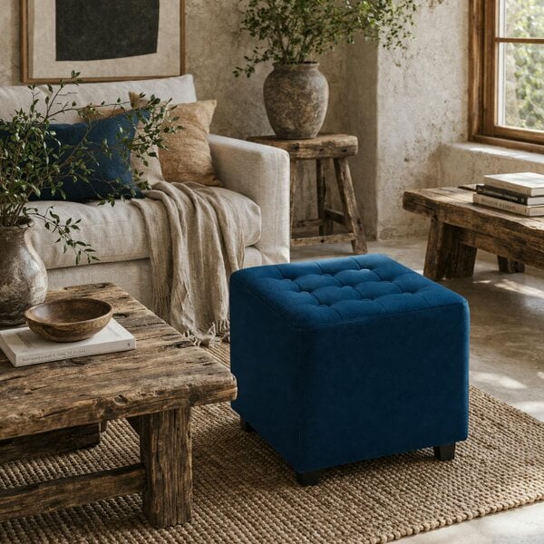 Wyld Haus Dimano Velvet Blue Upholstered Square Ottoman Diamond Tufted Pattern