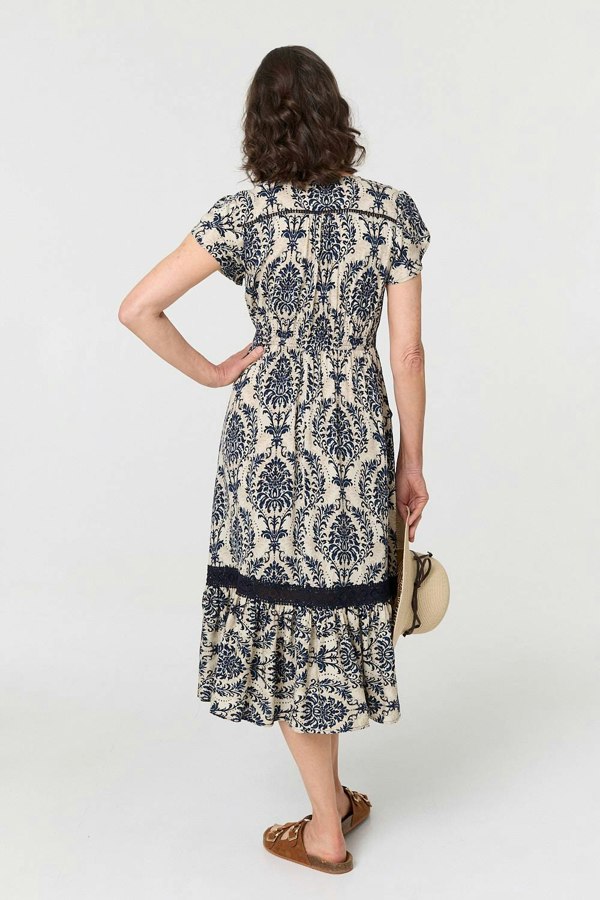 Navy | Ikat Print Shirred Lace Midi Dress
