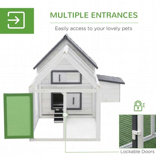 White chicken coop with multiple entrance doors, nesting box, and dark grey roof
