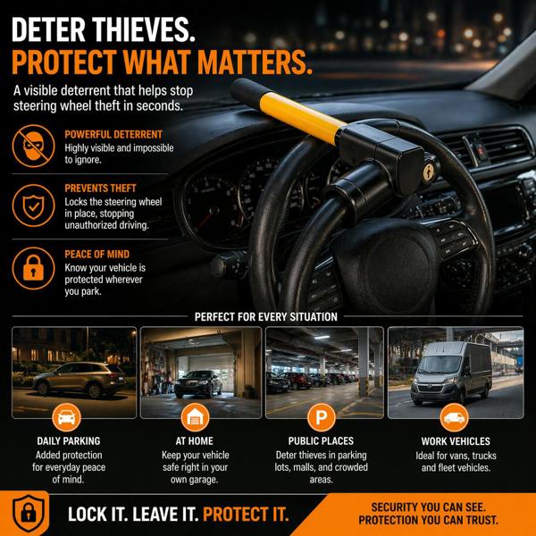 KAV Yellow T Bar Steering Wheel Lock High-Vis Anti Theft Car Van Caravan Security Lock with 2 Keys Heavy Duty Steel Crook Lock Universal Easy Install