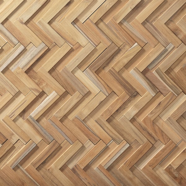 Wallsupply UltraWood Herringbone ZigZag Solid Teak Wood Panels, Wall Cladding 3D Interlocking Tiles, 12pcs 0.8m²