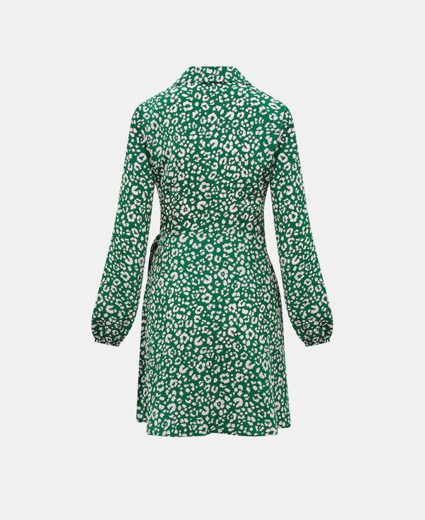 Green Animal Print Satin Shirt Dress back