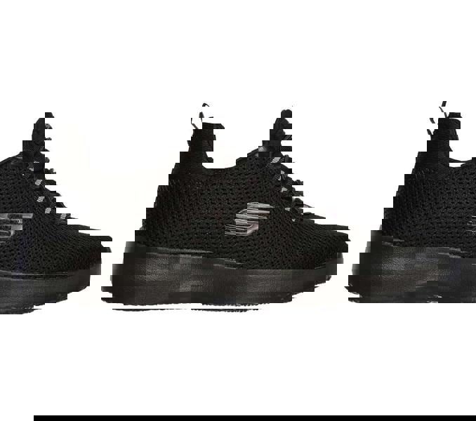 Skechers Dynamight Mens Slip On Comfort Memory Foam Trainers, black athletic sneaker with breathable mesh fabric and cushioned sole.