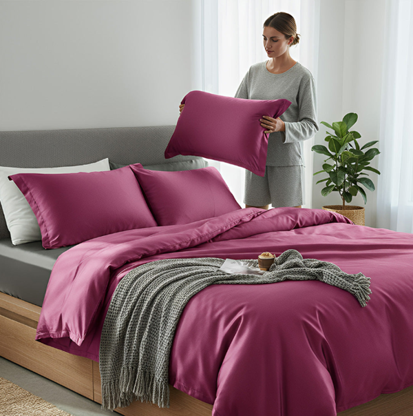 Anycozy Beddings Magenta AU EU King Size 3 Pc High End Satin Smooth Duvet Cover Set Luxury Polyester Silky Soft Cozy Bedding Set