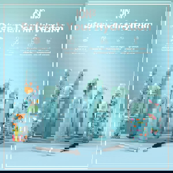 Several pastel-blue water bottles, varying in size and design, are displayed on a light-blue surface. They feature various colorful prints. Accompanying accessories are also shown. ION8 branding is visible.