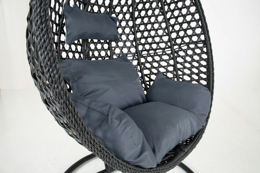 Outdoor Living The Onyx Black Hanging Swing Pod Egg Chair - Large with deep Grey Cushions