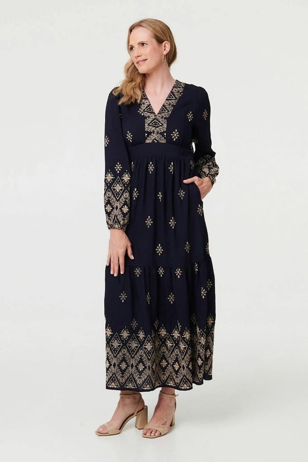 Izabel London Border Print Long Sleeve Maxi Dress - Navy