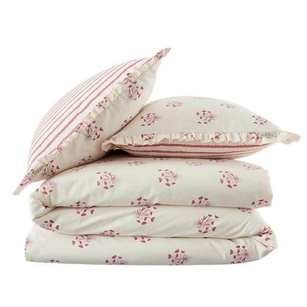 Emily Bond Hand Gathered Posy Cotton Reversible Duvet Cover Set Cream / Red