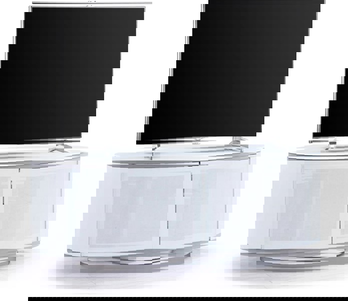 MDA Designs LUNA Gloss White Oval Cabinet with White Profiles White BeamThru Glass Doors Suitable for Flat Screen TVs up to 50"