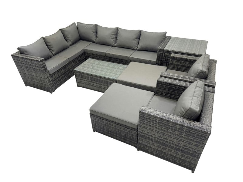 Fimous Outdoor Rattan Rectangular Coffee Table Corner Sofa Sets Garden Furniture Set with 2 Chairs 2 Big Stools Side Table Dark Grey Mixed