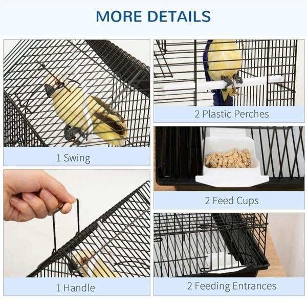 Black bird cage interior with perches, feed cups, and handle