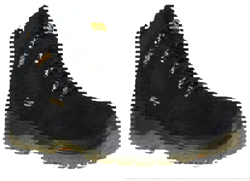 DeWalt Challenger Mens Waterproof Safety S3 Steel Toe Work Boots, black rugged safety boots with waterproof leather, steel toe cap, and slip-resistant rubber sole.