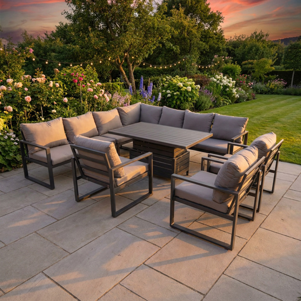 Fimous 9 Seater Aluminium Garden Furniture Set with Adjustable Rising Dining Table, Corner Sofa & 3 Chairs - Grey
