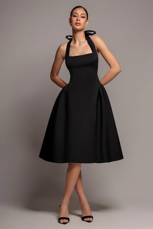 Corset Fit And Flare Halter Neck Midi Dress - Black DR5134