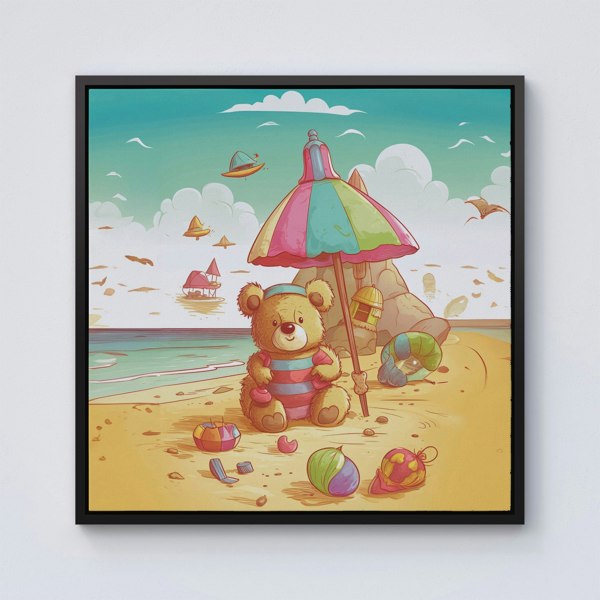 Warren Reed Lucky Teddy Bear On A Beach Holiday Framed Canvas