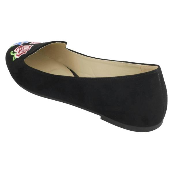 Spot On Ladies Spot On Embroidered Flower Vamp Ballerinas