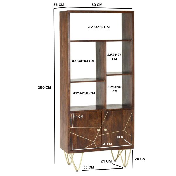 Wyld Haus Bandung Dark Mango Wood and Gold Large Bookcase 2 Door 5 Shelves