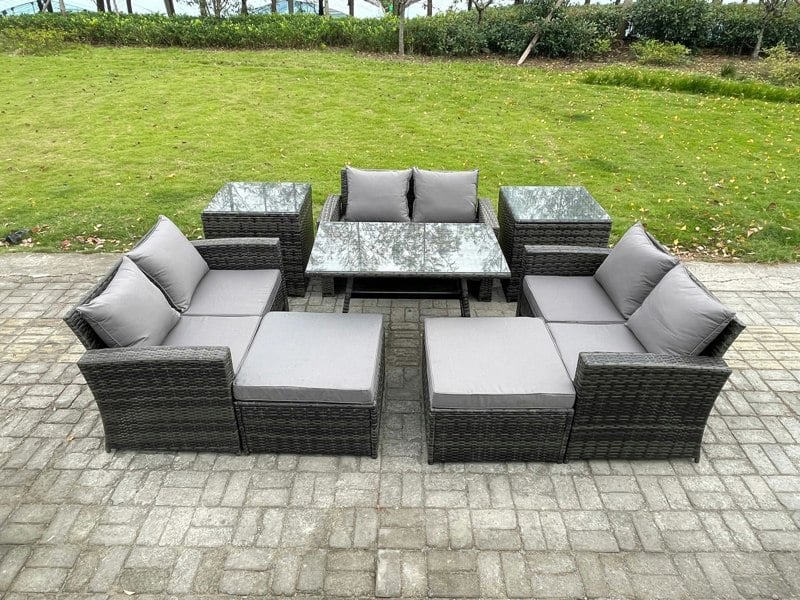Fimous Outdoor Lounge Sofa Set - Dark Grey Mixed PE Rattan Garden Furniture with Rectangular Dining Table & 2 Big Footstools