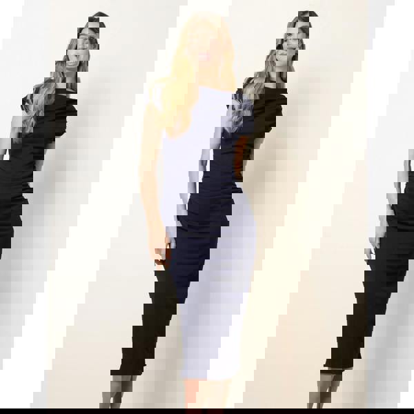 Blue Vanilla Scuba Crepe Off-Shoulder Ruched Midi Dress