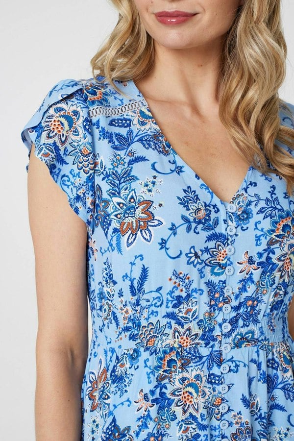 Blue | Floral Cap Sleeve Lace Trim Midi Dress
