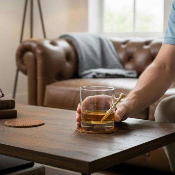 A hand holding an 11oz Personalised Golf Tee Whisky Glass filled with amber liquor on a leather coaster with a brown Chesterfield sofa in the background.