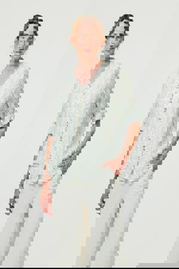 Sage | Printed Button Front Curve Hem Blouse
