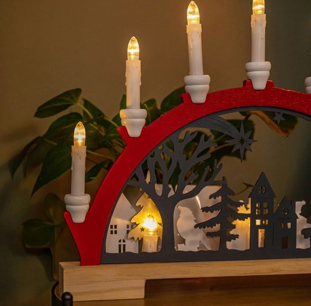 Samuel Alexander 45cm Battery Operated Light up Red Wooden Christmas Candle Bridge with 9 Warm White LEDs
