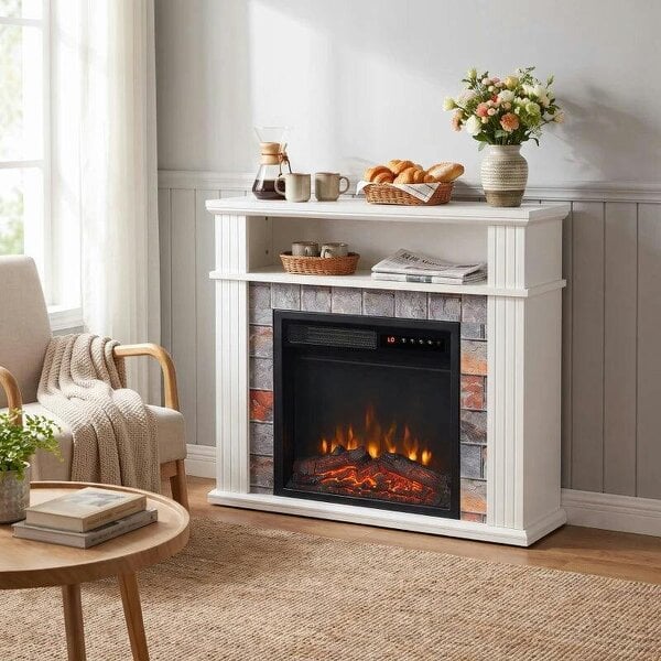 Freestanding Electric Fireplace Suite, 1800W, Open Shelf, Electric Fire and Surround with LED Flame, Remote, White