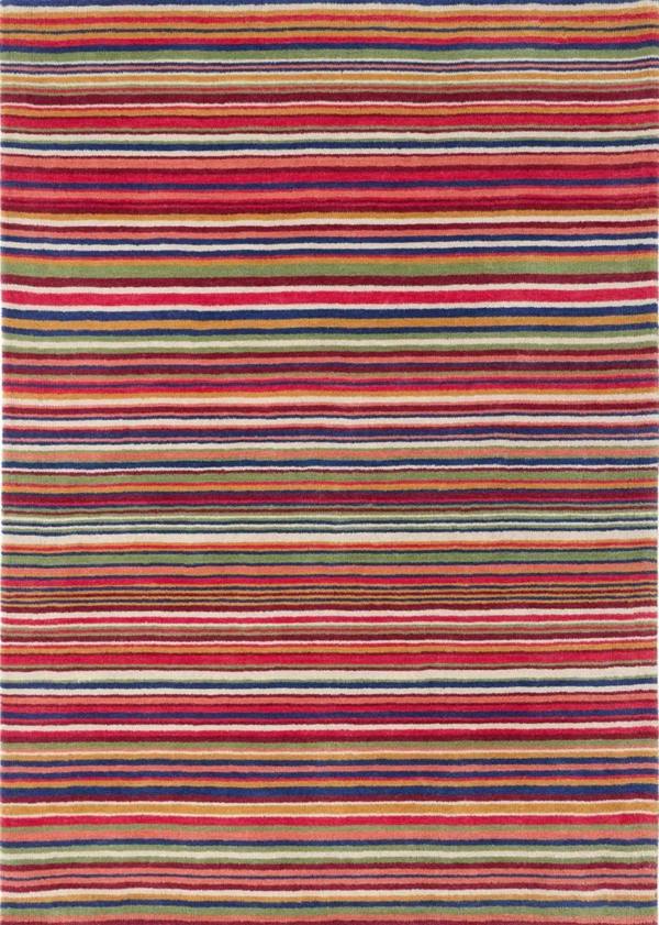 Multicolored striped rug with horizontal lines on a plain background