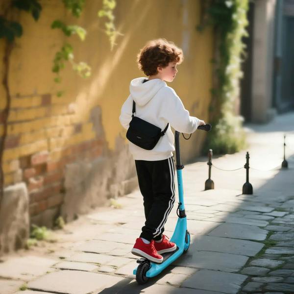 Blue foldable kids electric scooter side view with black rear fender and anti-slip deck