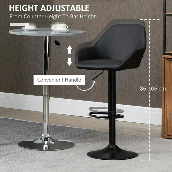 Height-adjustable black bar stool with backrest, armrests, and convenient handle