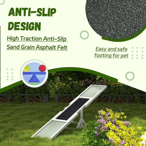 White wooden pet seesaw showing black textured anti-slip surface inset on the ramp deck