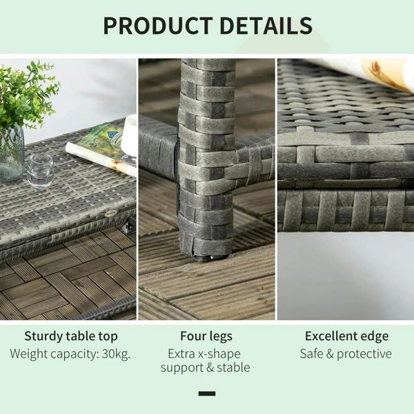 Grey woven tabletop with sturdy frame, corner weave detail and protective edge