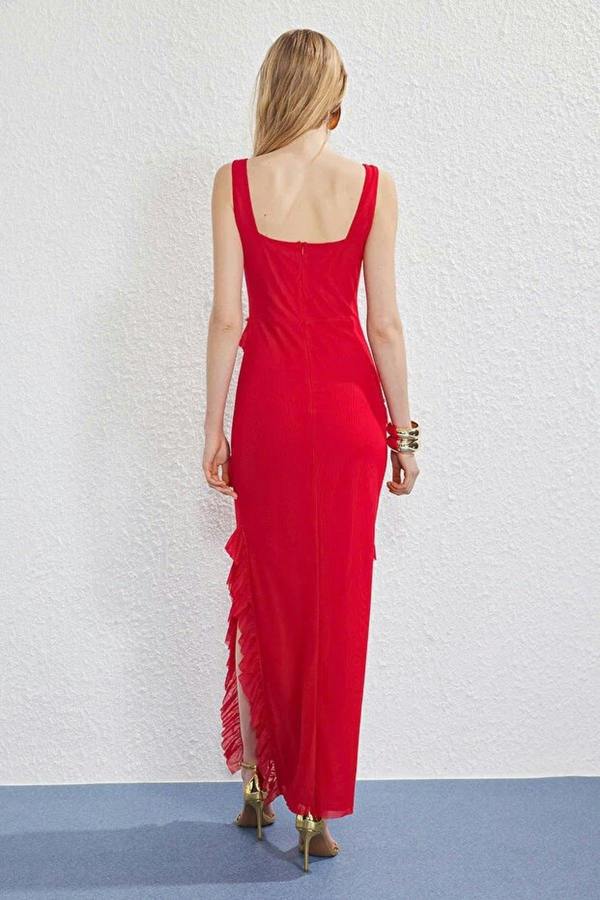 WOVCOR Tulle Lined Maxi Evening Dress with Ruffle Detail