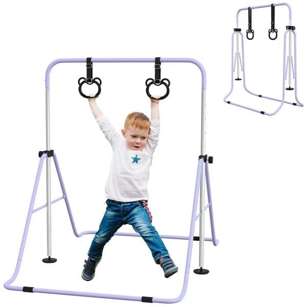 Purple foldable kids gymnastics bar with non-slip floor rings and adjustable height