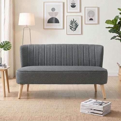 HOMCOM Linen-Look Double Sofa w/ Wood Frame Foam Padding Back, Dark Grey