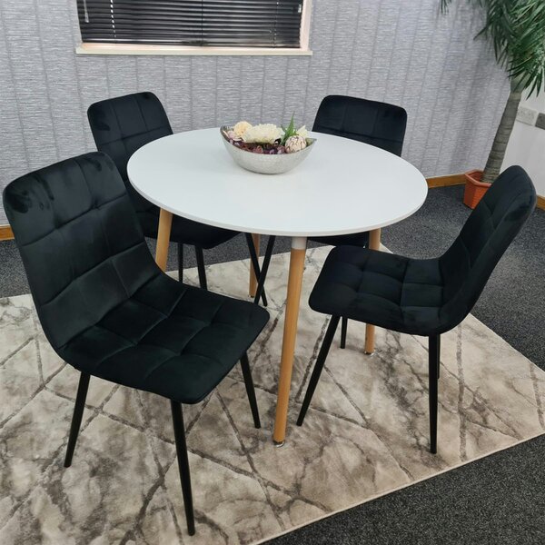 Kosy Koala Dining Table and 4 Chairs  White Round Wood Table 4 Black Velvet Chairs Dining Room Furniture