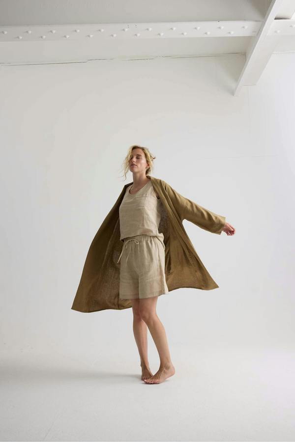 Pretty You London Long Relaxed Linen Jacket In Overland Trek