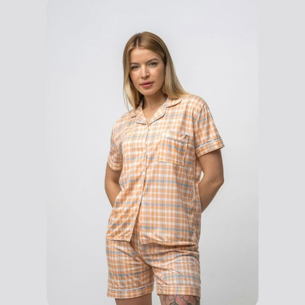 The Colourful Aura Orange and White Checkered Soft Cotton Night Suit Nightwear Women's Payjama Set